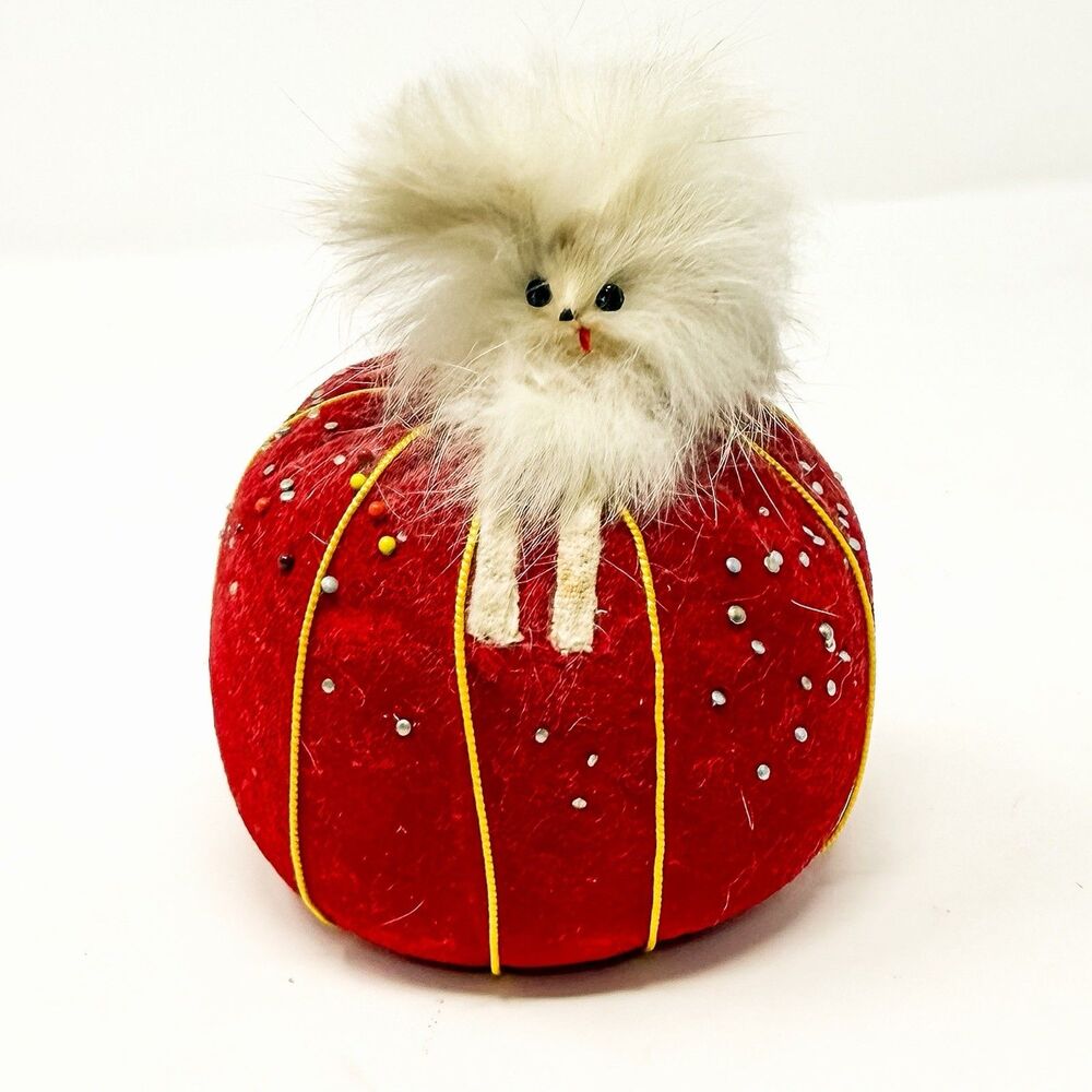 Vintage 1950s Kitschy Fur Dog Pincushion Retractable Tape Measure Sewing